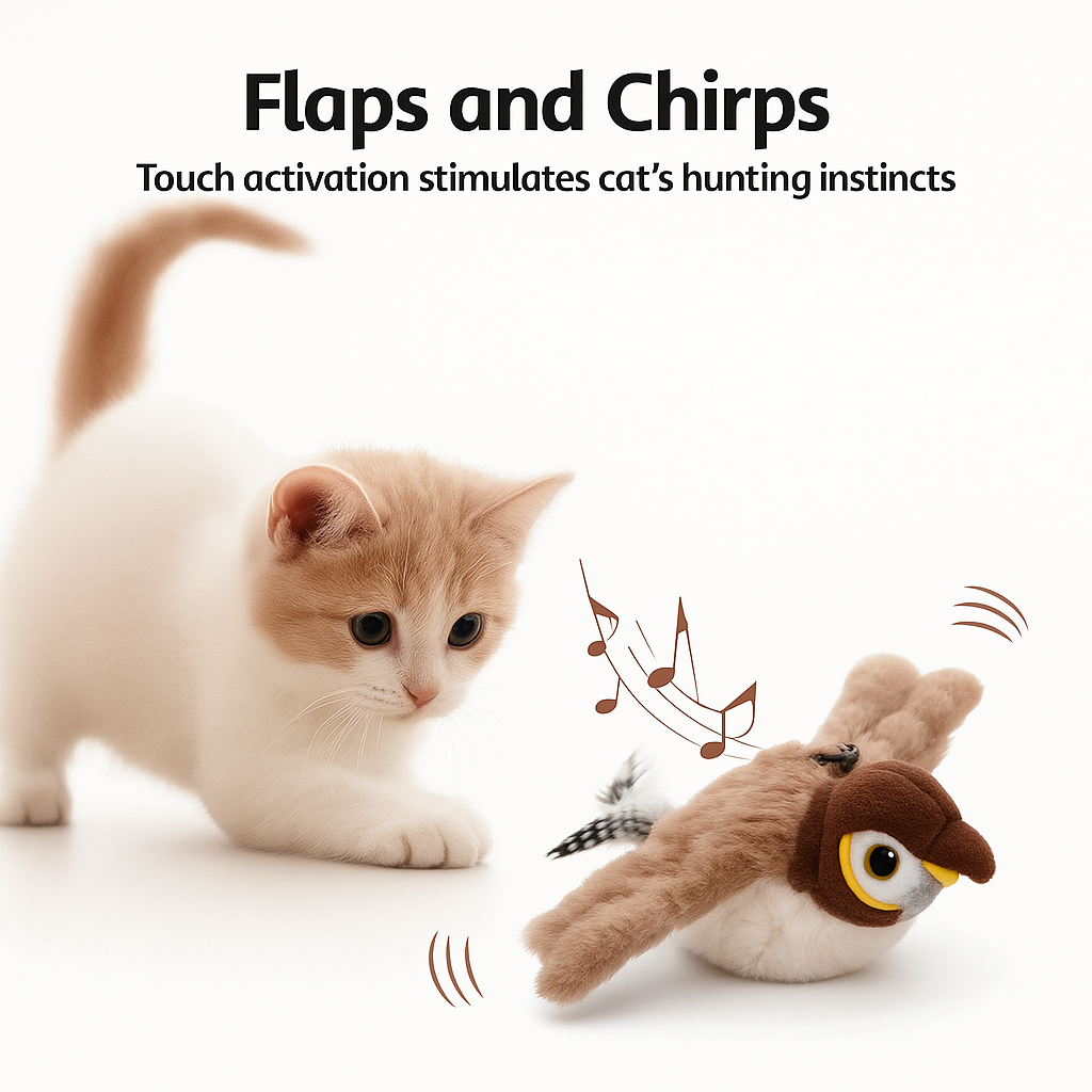 Cat playing with a Purrwing bird-shaped toy with text about touch activation and hunting instincts.