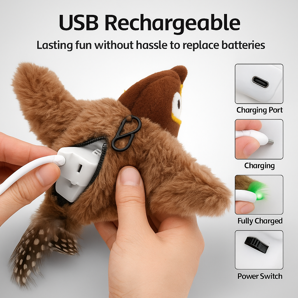 Plush toy with USB charging port being plugged in, showing charging process and features.