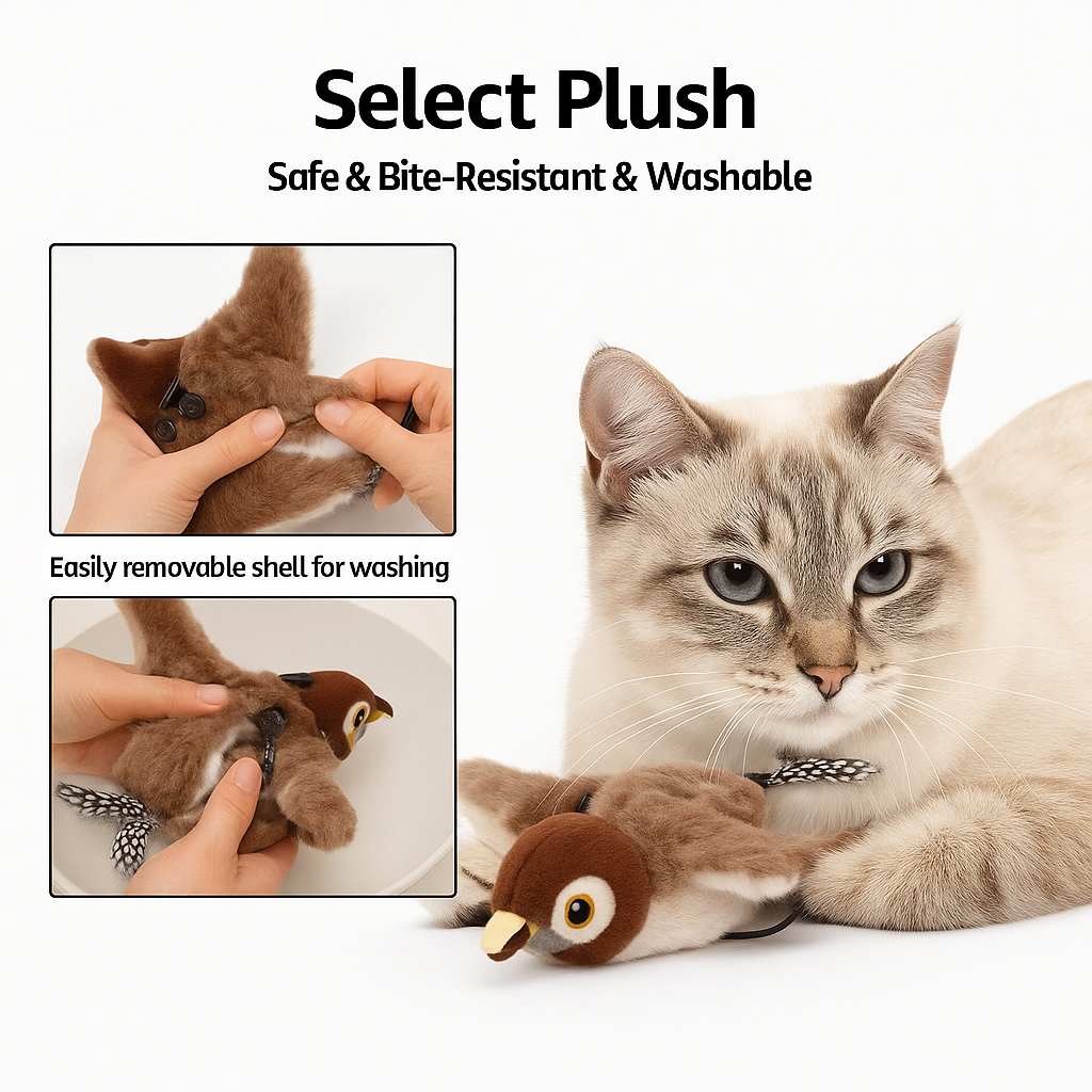 Cat playing with a plush toy, with text highlighting safety and washability features.