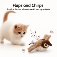 Cat playing with a Purrwing bird-shaped toy with text about touch activation and hunting instincts.