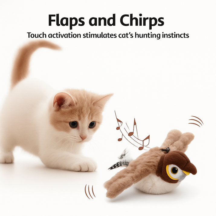 Cat playing with a Purrwing bird-shaped toy with text about touch activation and hunting instincts.