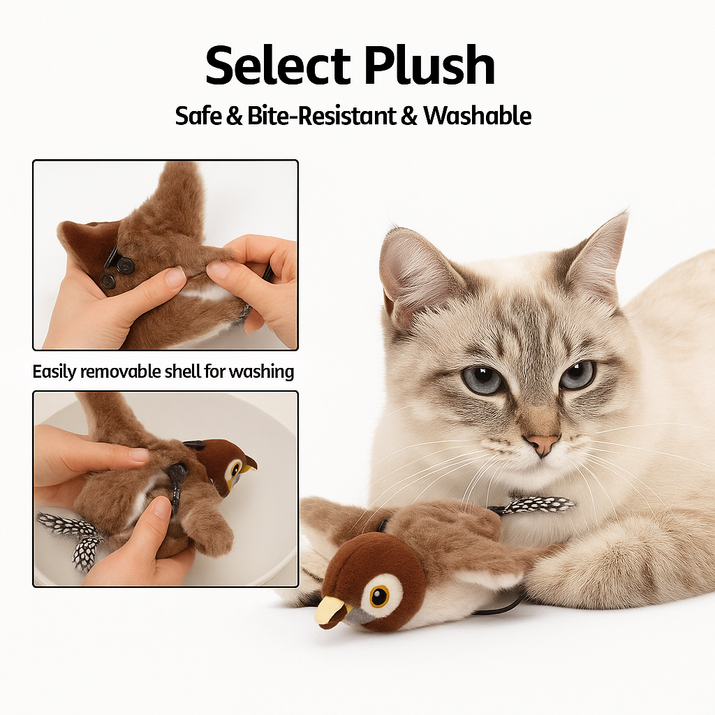 Cat playing with a plush toy, with text highlighting safety and washability features.