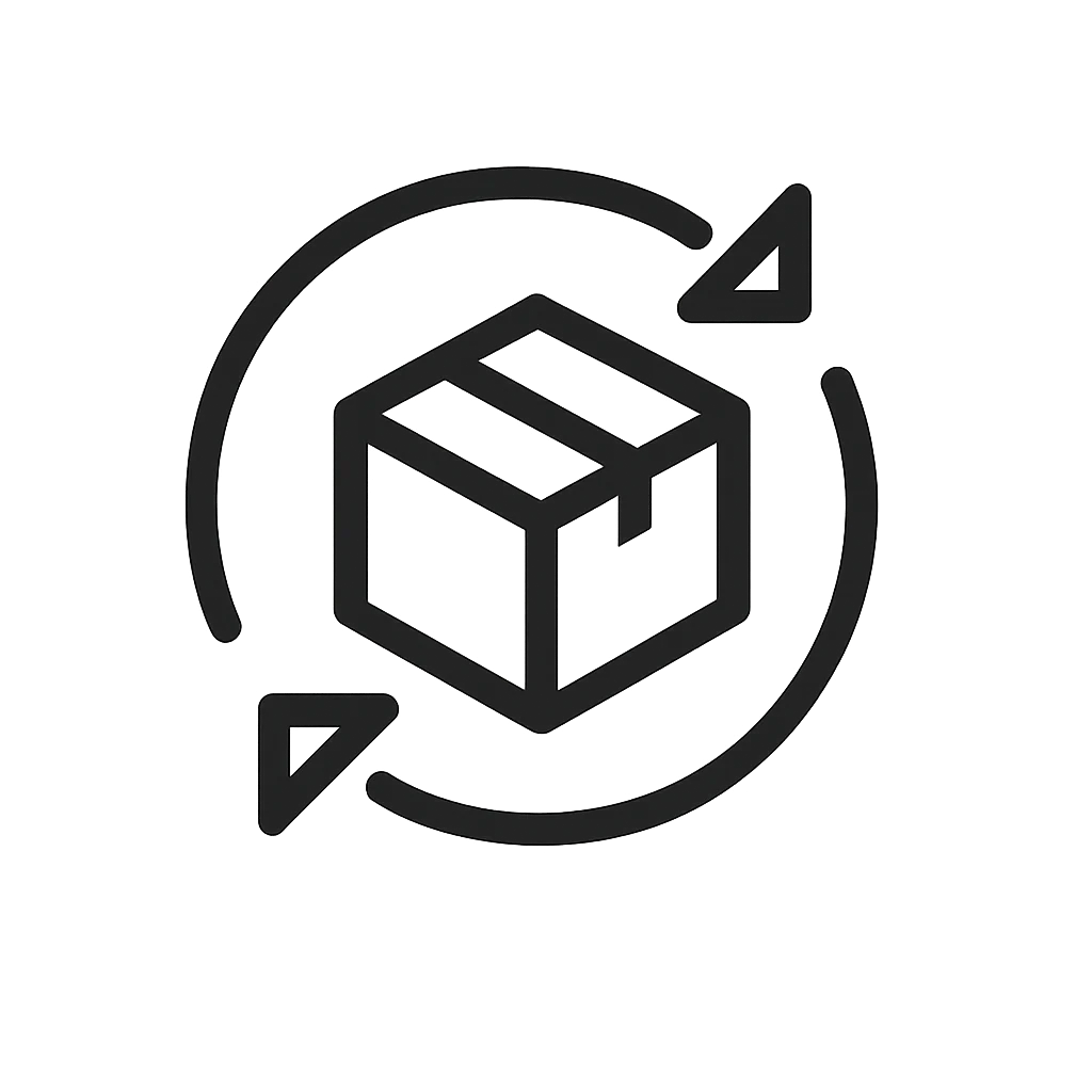 Icon of a box with arrows indicating a circular flow on a white background